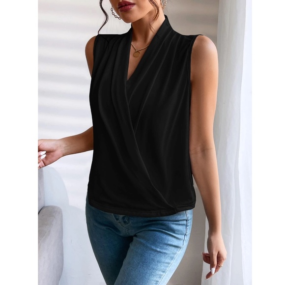 Draped Sleeveless Surplice V-Neck Blouse Top Black Overlapping Front Snap Button - Picture 3 of 6